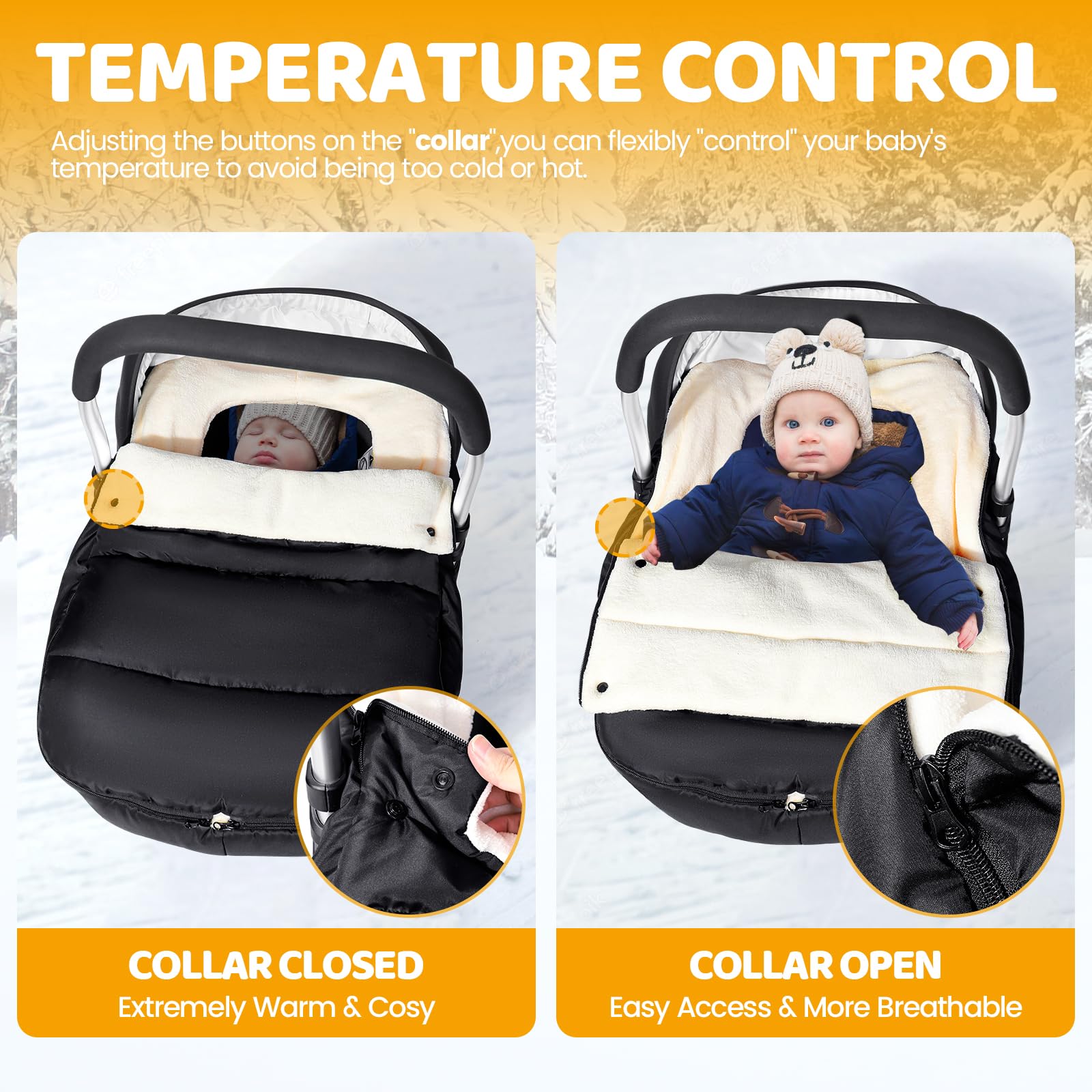 Orzbow Car Seat Covers for Babies Winter, Universal Baby Car Seat Cover with Adjustable Collar, Waterproof Carseat Cover with Zipper, Warm Coral Fleece, Detachable and Machine Washable, Black