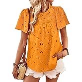 Falechay Womens Summer Tops Boho Short Sleeve Crew Neck Blouses for Women Dressy Casual Babydoll Cute Flowy Preppy Shirts