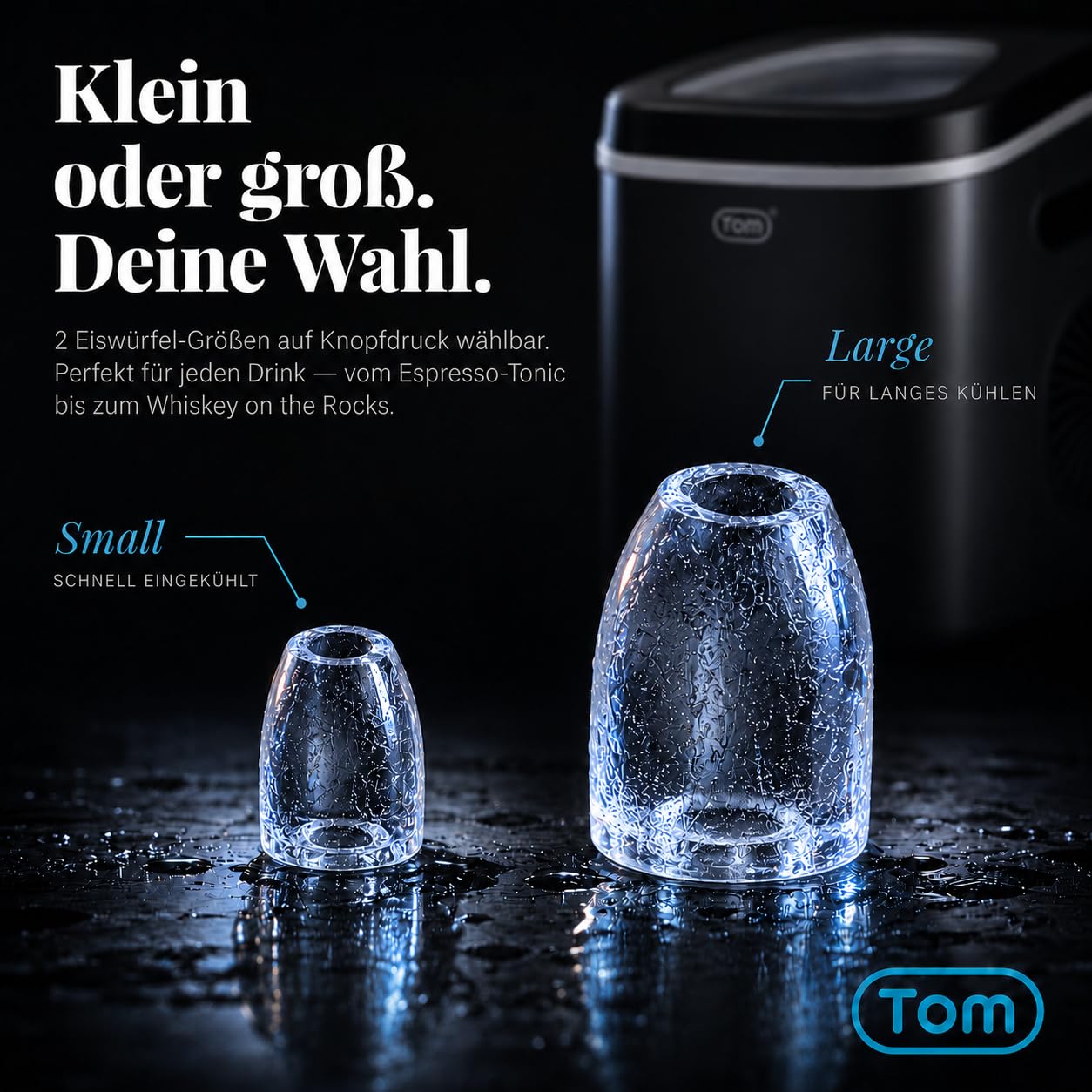 TOM Eiswürfelmaschine – 9 Eiswürfel in 6-8 min – 12 kg/24 h – 2 Würfelgrößen – Ice maker Eiswürfelmacher mit 1,3 l Wassertank – LED-Display – Inkl. Zubehör & Eiszange als Geschenk – Eiswürfelmaschine 7