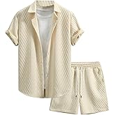 GORGLITTER Men's 2 Piece Outfits Waffle Knit Button Down Shirt Top and Shorts Set