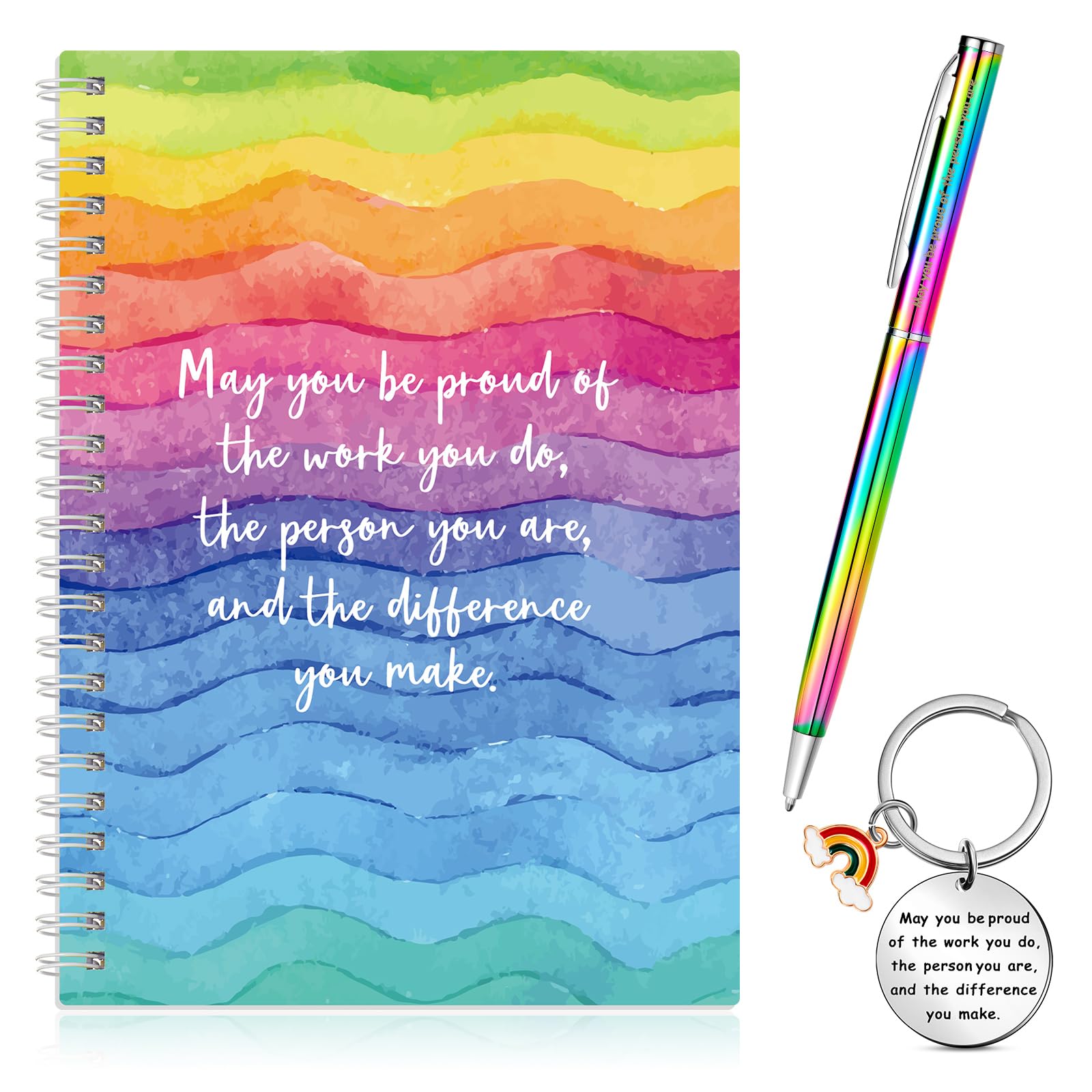 3 Pcs Thank You Gifts for Coworkers Women, Employee Appreciation Gift Set with Inspirational Notebook Rainbow Pen and Keychain, Leaving Gifts for Teacher Nurse Volunteer Friend(Rainbow,Style 1)