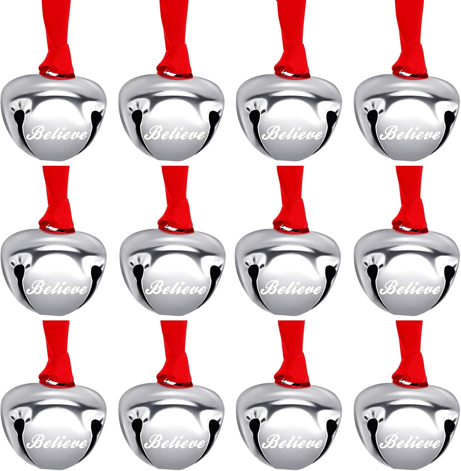Ornaments - 12 Pieces Syhood Christmas Believe Bell Ornaments 1.5 Inch Polar Express Bell Sliver Gold Sleigh Bell Christmas Tree Bell Decoration Holiday Treat Gifts for Kids Adults (Silver)