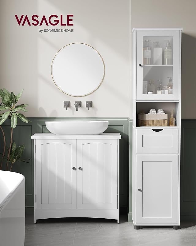 Mueble Baño, Armario Alto, Puerta de Cristal, Estrecho, con Patas