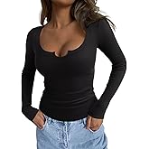 REORIA Womens Long Sleeve Scoop V Neck Shirts Ribbed Knit Slim Fitted Tops Trendy 2025 Fall Basic Tees Going Out Blouse