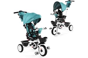 EOOWOY Baby Trike, 6-in-1 Kids Tricycle with Adjustable Push Handle, Removable Canopy, Safety Harness for 18 Months - 5 Year Old(Green)