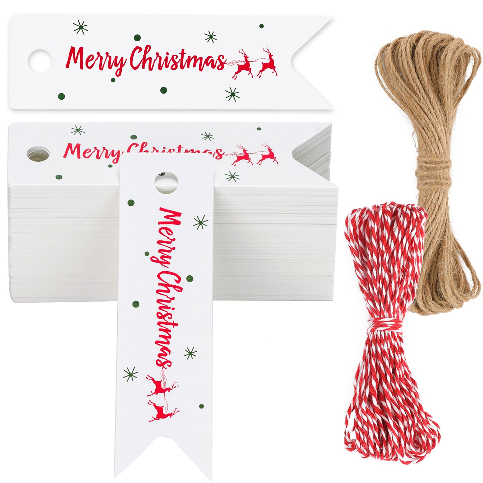 G2PLUS Small Merry Christmas Tags, 2 x7 cm White Christmas Lables for Pesents, 100PCS Xmas Gift Tags with String for Gift Wrapping Decoration