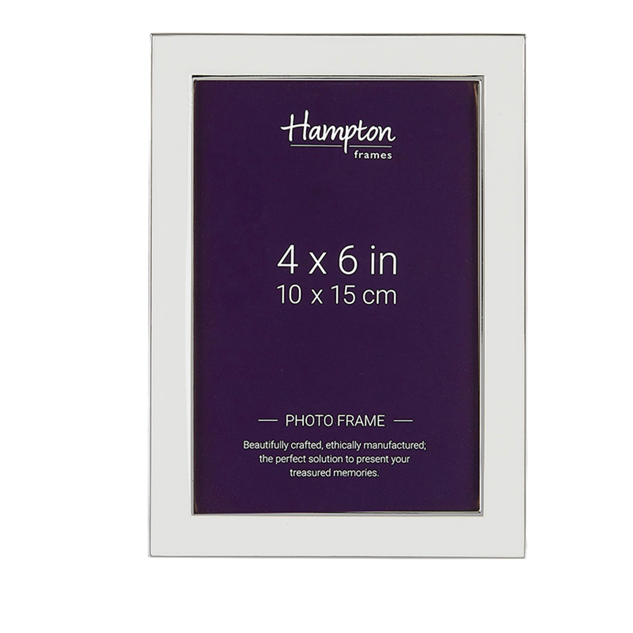 Hampton Frames | Photo Frame | 4x6 (10x15cm), White, Rectangular, Silver Plated, Enamel Inlay | Freestanding Landscape or Portrait, Swivel Clips | Display for Photos