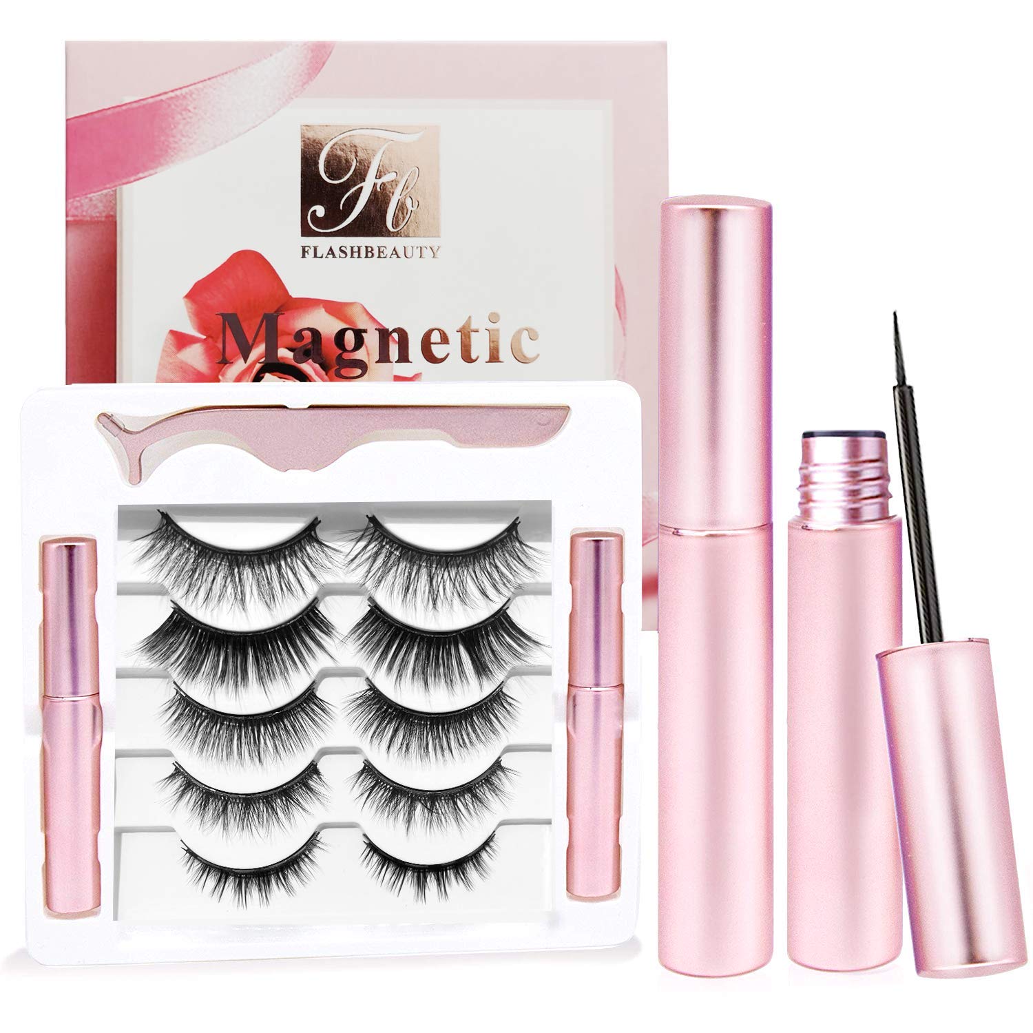 Magnetic Eyelashes with Eyeliner 5 Pairs Reusable Fake Eyelashes No Glue 2 Only Magnetic Eyeliner 3D eyelash sets (Girl Pink)