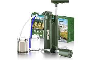 Purewell Water Hand Purifier Pump with Replaceable Carbon 0.01 Micron Water Filter, 4 Filter Stages, Portable Outdoor Emergency and Survival Gear - Camping, Hiking, Backpacking((Green-1，RO))