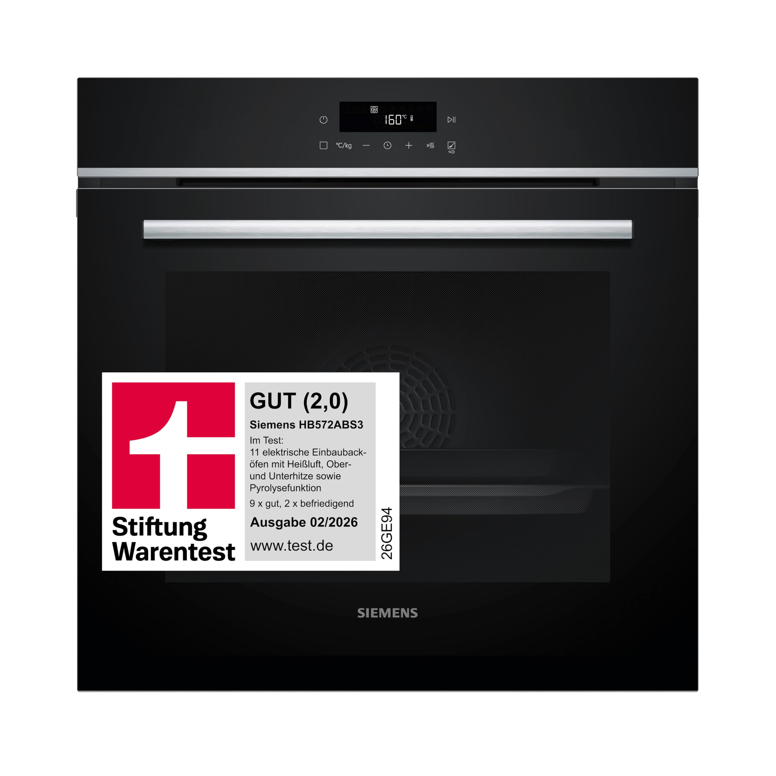 Siemens HB572ABS3, Stiftung Warentest GUT (2,0)*, iQ300 Einbau-Backofen 60x60 cm, Air Fry, Pyrolyse Selbstreinigung, LED-Touchbedienung, 3D Heißluft, Schnellaufheizung, cookControl10