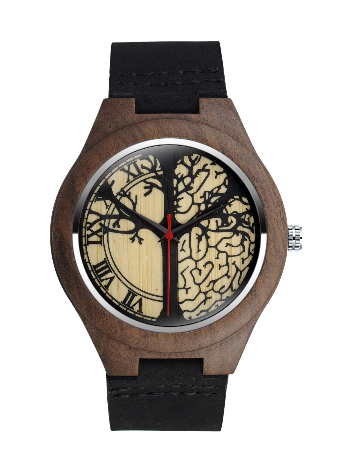 MicLee Men's Women's Bamboo Wood Watch - Tree of Life Pattern, Leather Band, Roman Numeral Dial, Quartz Movement, Casual Decorative Watch