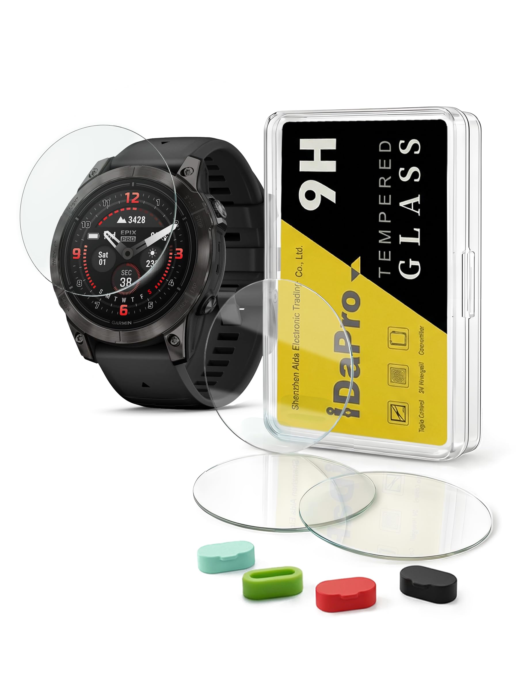 iDaPro Screen Protector for Garmin epix Gen 2 Smartwatch + Silicone Anti-dust Plugs [4 Pack] Tempered Glass Anti-Scratch Bubble-Free Easy Installation