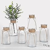 Vintage Clear Glass Vases for Flowers – Set of 6 Decorative Cylinder Vases with Hemp Rope for Farmhouse Wedding Centerpieces, Reception Table Decorations, Home Decor, Floral Arrangements