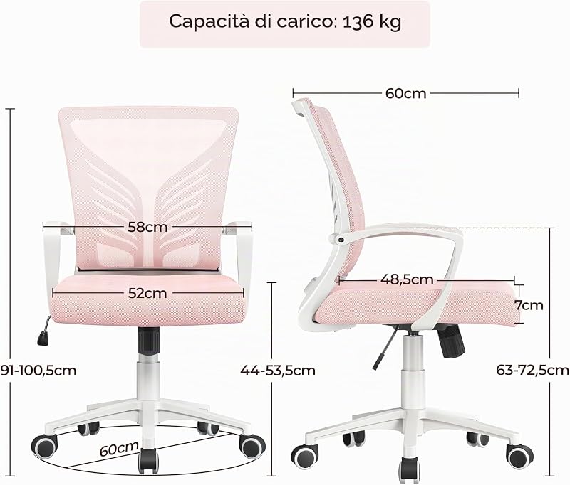 Sedia da Scrivania Ufficio Ergonomica Portata 136kg (2, Rosa)