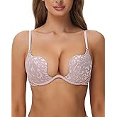 Pattsiao Women's Push Up Bra Deep V Plunge Sexy Cleavage Low Cut Back Underwire Bras Leopard Lace Convertible Multiway