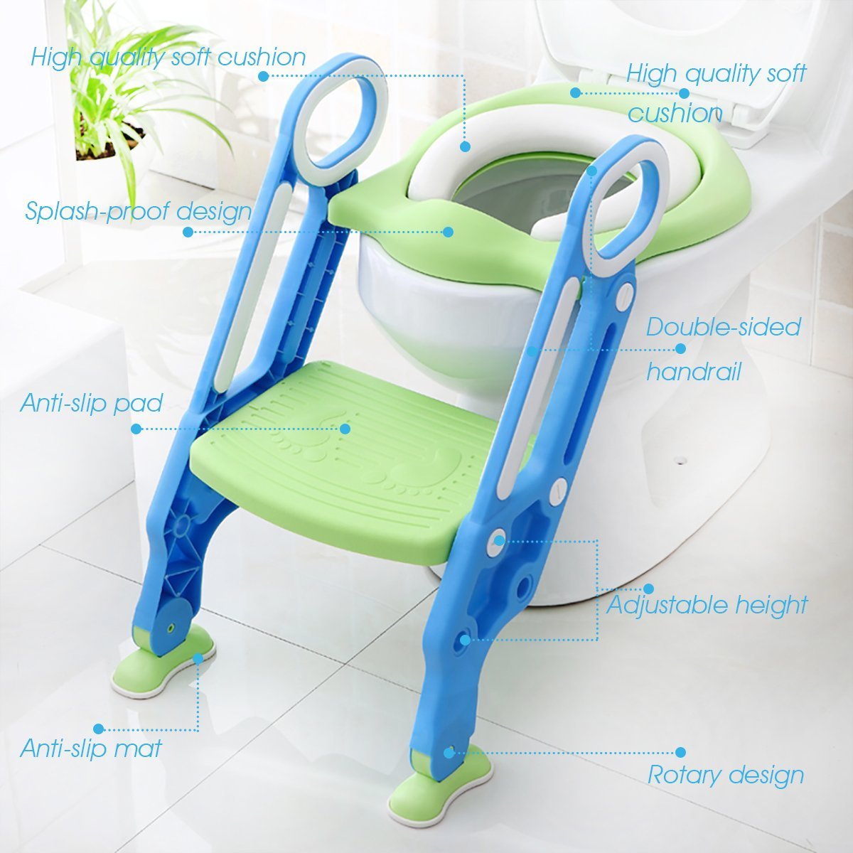 Mangohood Potty Training Toilet Seat with Step Stool Ladder for Boys and Girls Baby Toddler Kid Children Toilet Training Seat Chair with Handles Padded Seat Non-Slip Wide Step (Blue Green): Home Improvement