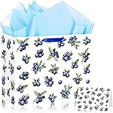 JORHANCE Blueberry Gift Bags with Wrapping Paper & Birthday Card - Large Bag for A Berry Sweet Baby Is On The Way Decorations, Blueberry Baby Shower