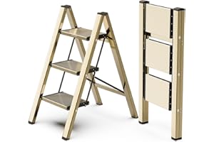 WOA WOA Step Ladder, 3 Step Foldable Step Stool with Widen Pedals, Portable Home Ladder for Kitchen, Lightweight Aluminum Stepladder, Compact Ladder for Space Saving (300lbs, Gold)