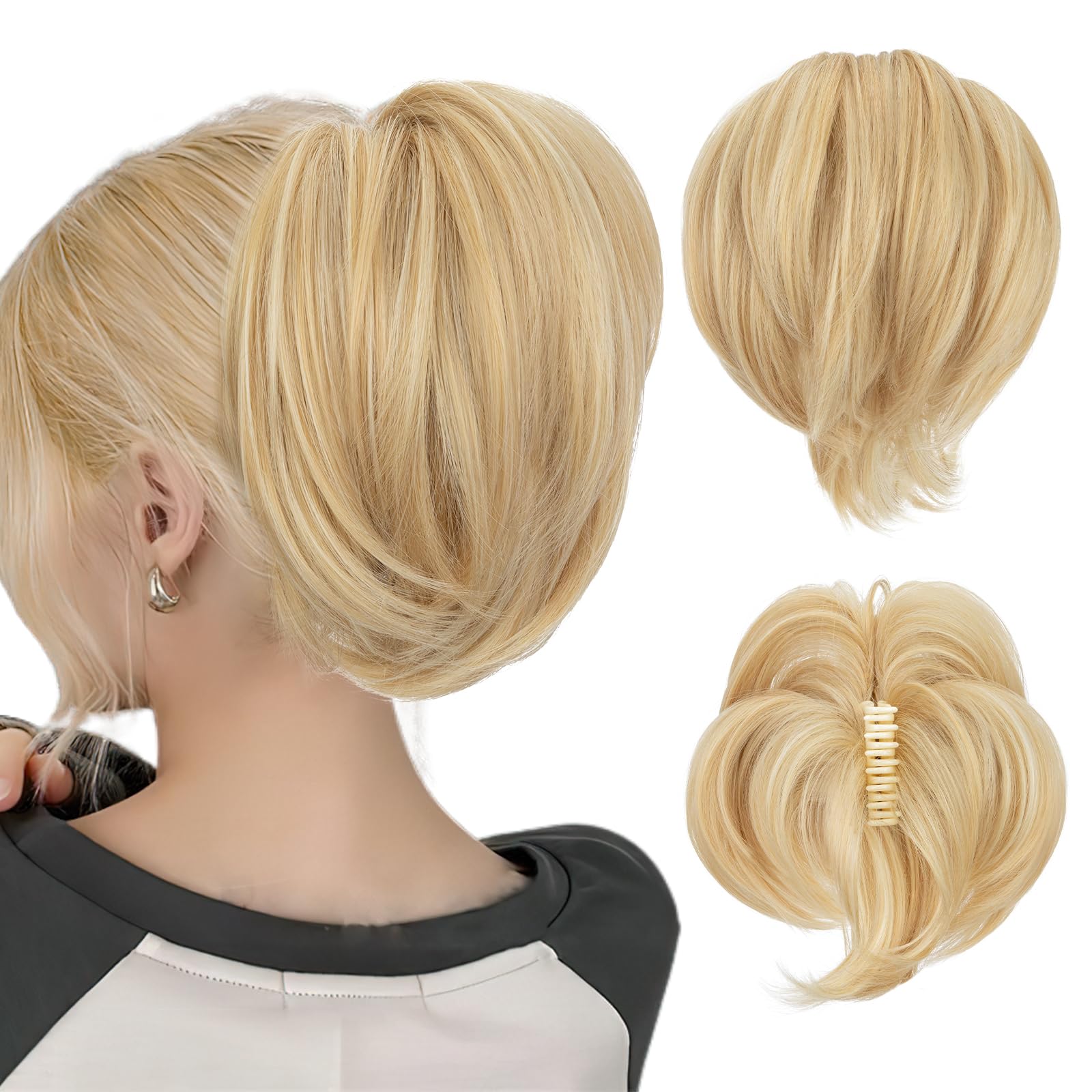 SEGOHAIR Claw Clip Short Ponytail Extension Messy Bun Hair Piece, Bendable Metal Wire Fake Bun Hair Pieces for Women-Fake Ponytail DIY Styles Hair Buns Hair Piece-Soft Brown & Light blonde