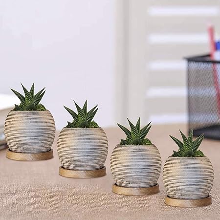 Lasaki Globe Aqua Gold Ceramic Pots with Wooden Stand Plate for Indoor Plants Planters Flower pots Outdoor Succulent Pot(wp5) Set of 4