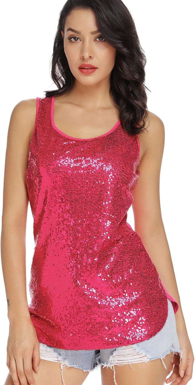 LLmansha Women's Sparkle Sequin Top, Sleeveless Round Neck Shimmer Camisole Vest Sequin Tank