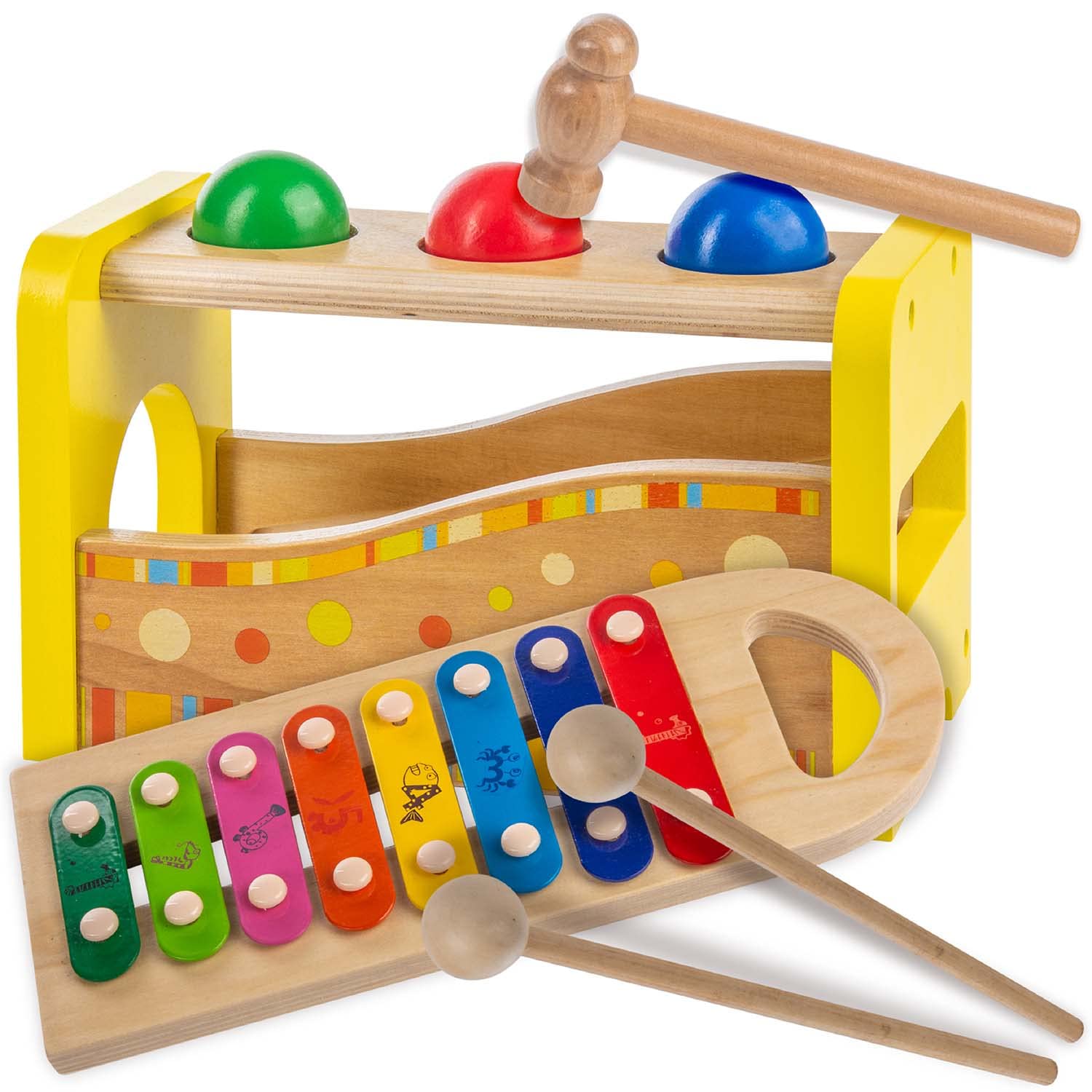Wooden xylophone for children - xylophone musical instrument chime sound game; wooden toys motor skills training. (Hit the ball xylophone)