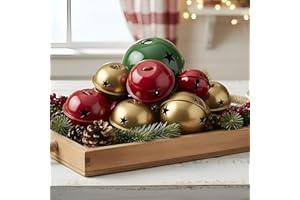 Zhengmy 12 Pack Large Size Christmas Star Cutout Bells Ornament Jumbo Vintage Rustic Metal Sleigh Bell with Plaid Ribbon Jute Twine for Christmas Tree Hanging Holiday Party Farmhouse(Green, Red, Gold)