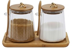 Dewsea Glass Sugar Jar Set of 2, 22 oz (650ml) Clear Storage Containers, Sugar Bowl with Airtight Bamboo Lids, Spoons & Tray,