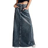 chouyatou Women's Vintage A-Line Frayed Maxi Denim Skirt Distressed High Waist Long Jean Skirt