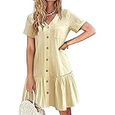 HOTOUCH Women Cotton Dress Summer Casual Loose Fit Dresses Oversized Button Front Dress Short Sleeve Ruffle Sundress, Beige XXL