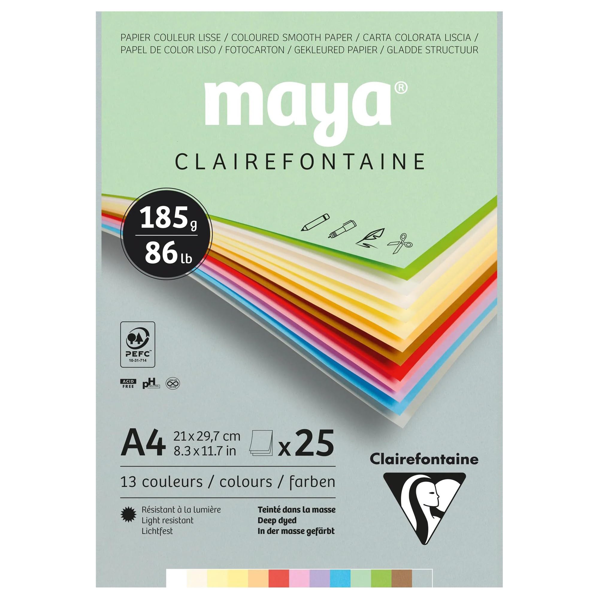 Clairefontaine - Ref 975334C - Maya Pastel Coloured Drawing Pad (Pack of 25 Sheets) - 185gsm Paper - A4 (29.7 x 21cm) - Assorted Colour - Deep Dyed, Acid Free, pH Neutral