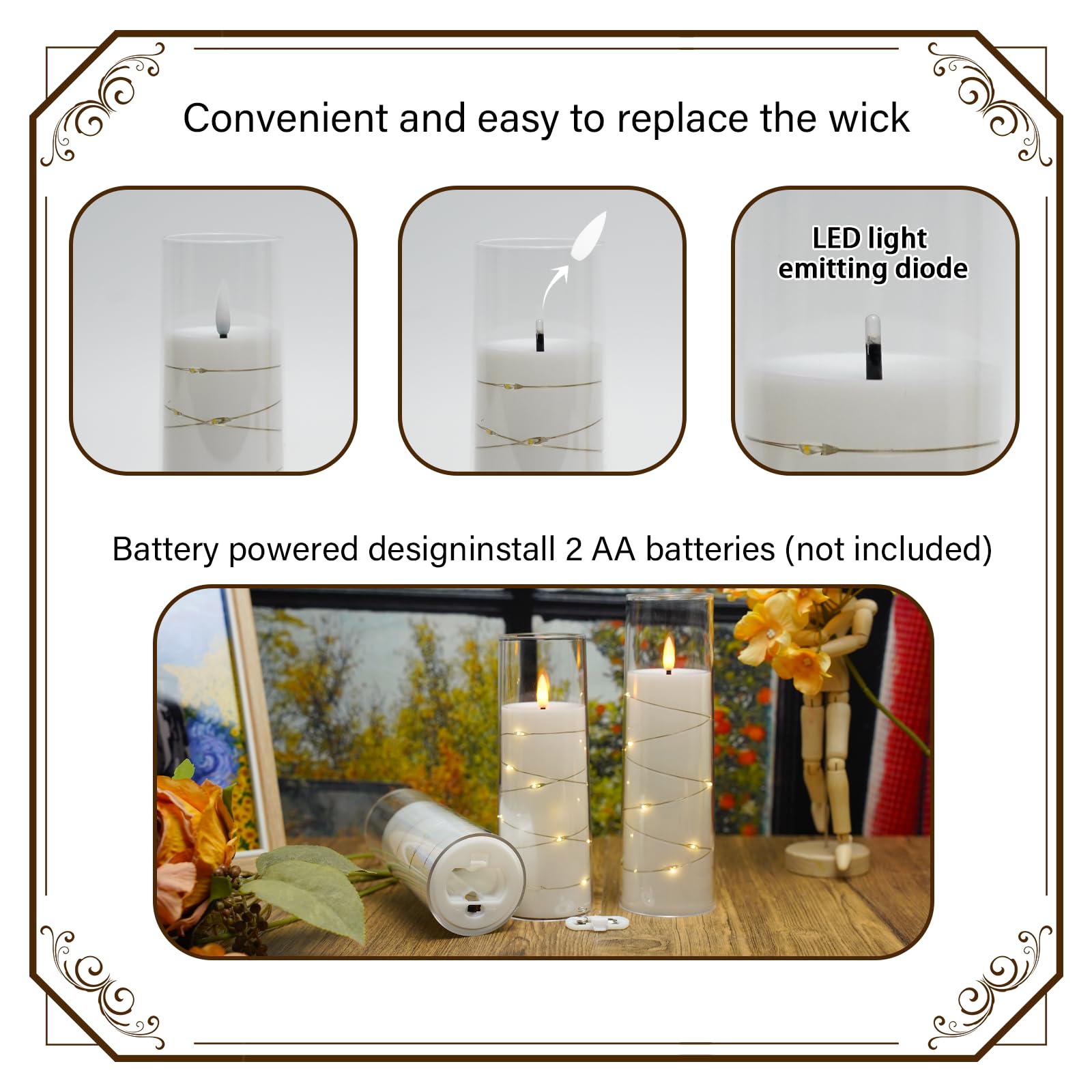 Flickering Flameless LED Candles, 9 Pcs with Embedded Star String, Acrylic LED Pillar Candles with Remote, Suitable for Home Decoration (White)