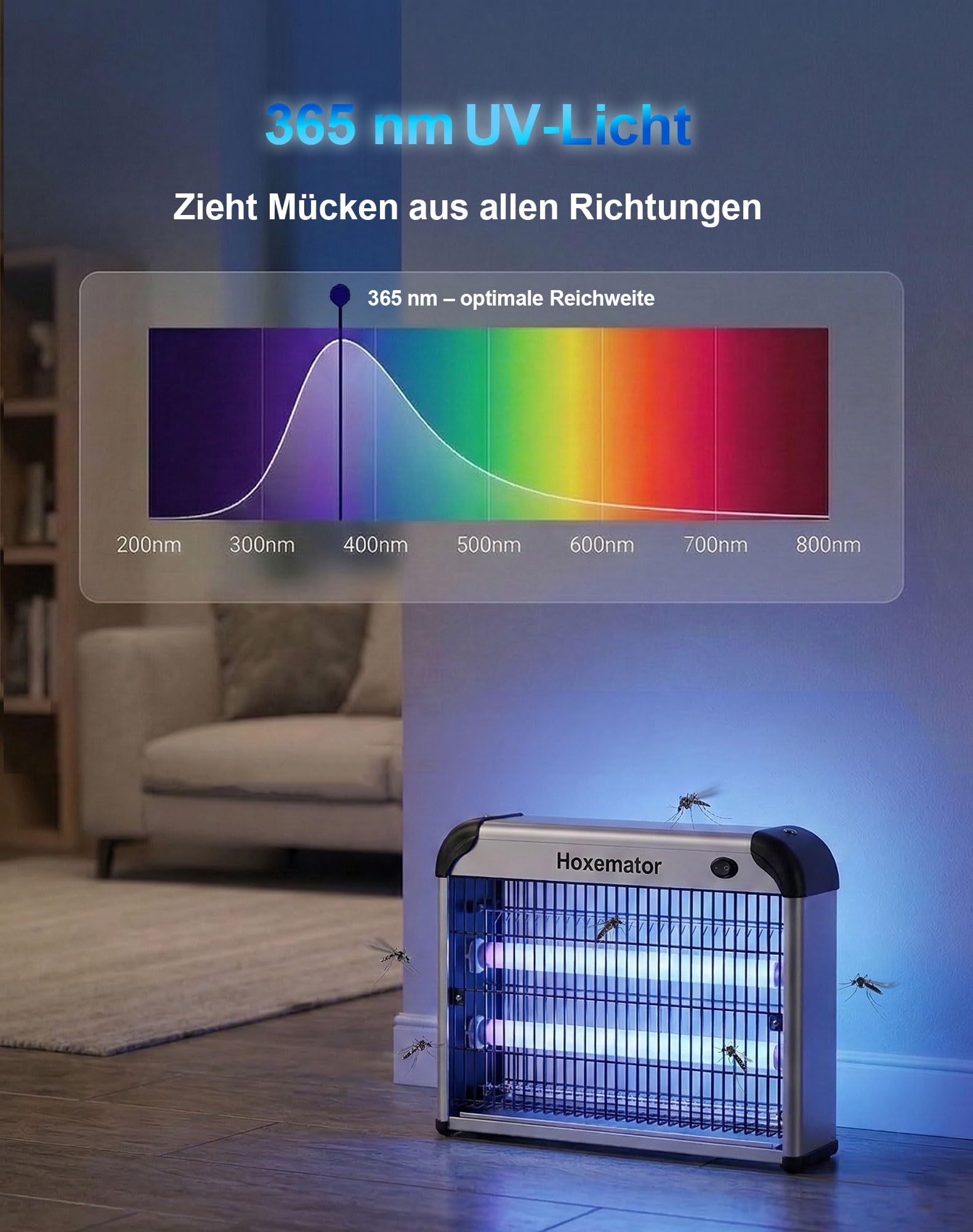 Hoxemator Elektrischer Insektenvernichter 20W LED Mückenlampe mit 2000V Hochspannung & Dual-UV-Licht Mückenfalle, Chemiefreie Fliegenfalle Lampe für 100m² Mückenschutz für Innen, Küche, Schlafzimmer 3