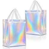 Nush Nush Set of 12 Reusable Medium Iridescent Gift Bags with Handles | 8 x 4 x 10-inch holographic bags for small and medium gifts at birthdays, weddings, holiday parties and celebrations