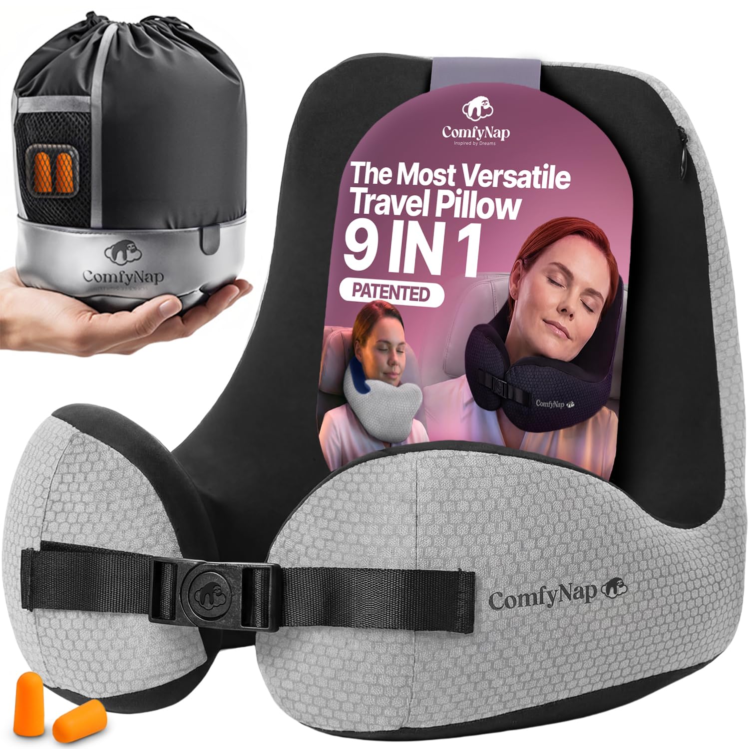 ComfyNap® Versatile Travel Neck Pillow for Airplane [Patented], 9 Positions in 3 Techniques, Plane Pillow with Pure Memory Foam, Travel Pillow with HeadRest Flight Sleep, Travel Essential - Moon