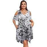 LARACE Womens Summer Casual T Shirt Dresses Cold Shoulder Flowy Dress with Pockets
