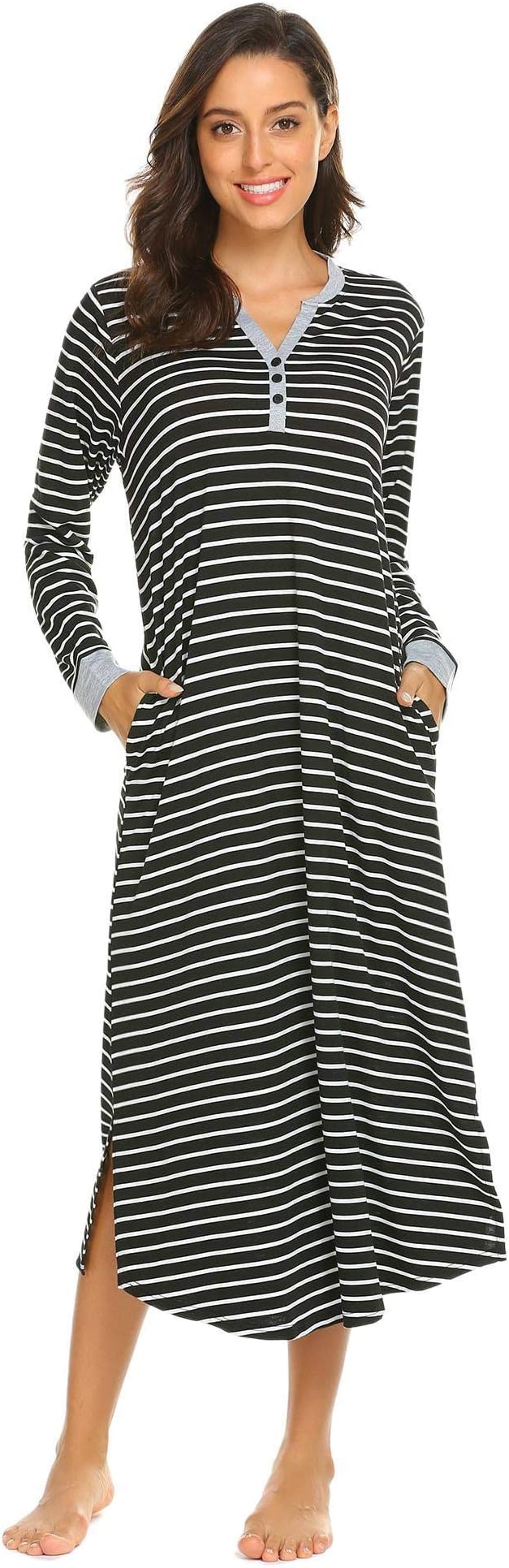 Imposes Women Ladies Striped Long Nightdress Longsleeve Nightwear Nightgown Nightshirts V Neck Maxi Dress