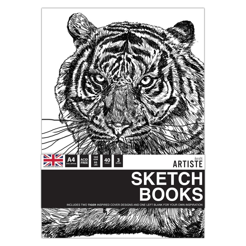 Docrafts Artiste A4 Sketchbooks - Tigers Notebooks - Pack of 3 for Drawing, Sketching, Doodling, Writing and Scrapbook Designs with Mixed Media, Pen, Ink, Painting and More