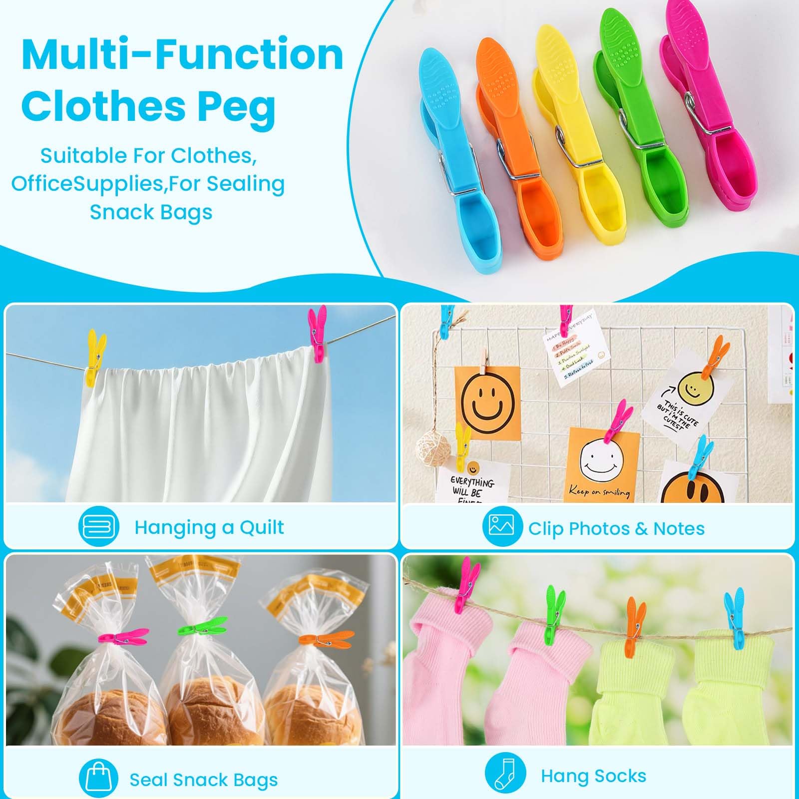 60 Stück Wäscheklammern mit Wäscheklammerbeutel, rutschfeste Wäscheklammern Ohne Abdruck, Clips für Kleidung, Bunte Wäscheklammer Stabil Sockenklammern für Wäscheleinen und Kleidung, Socken 7