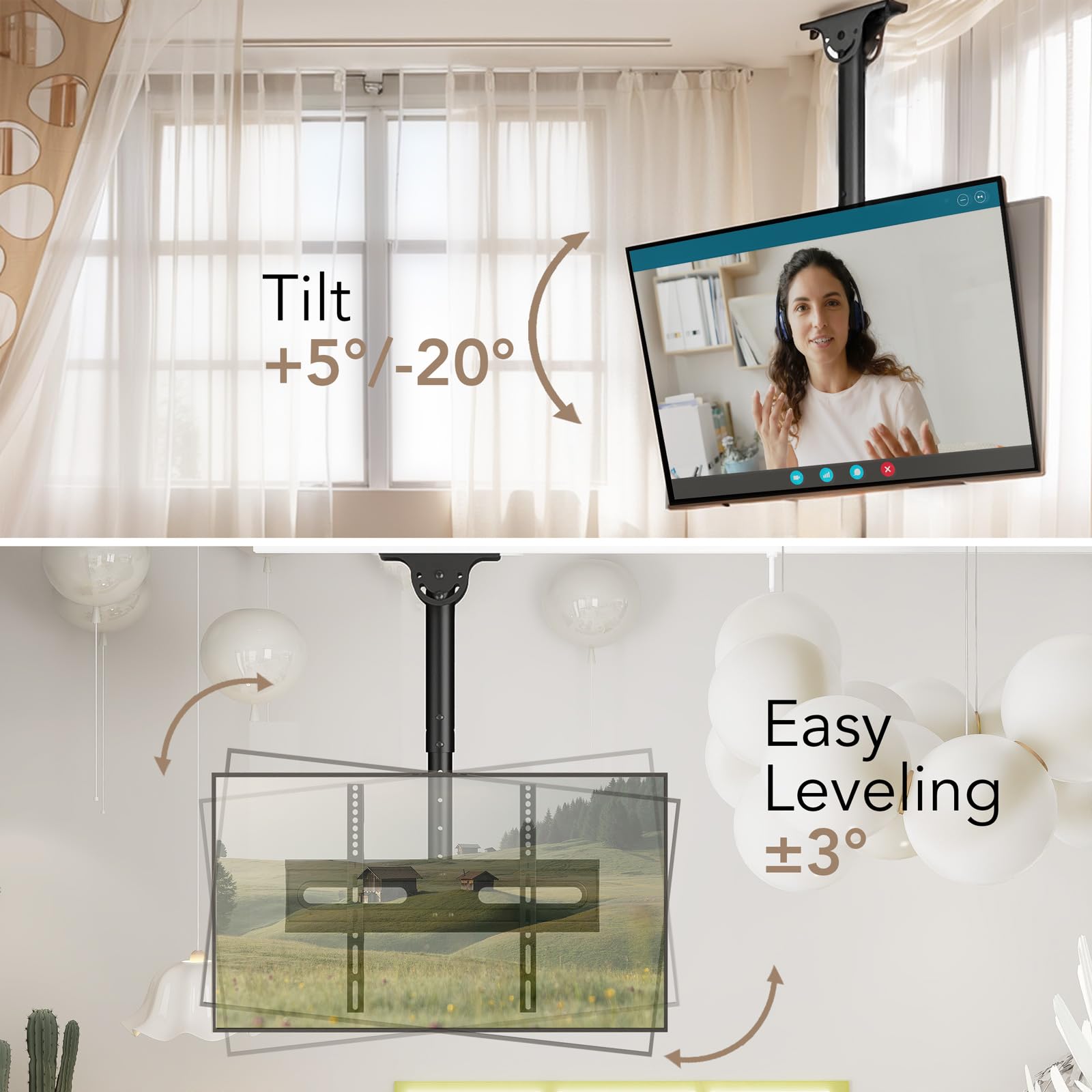 AX WABER Ceiling TV Mount Adjustable Bracket for 26-65 inch LCD LED OLED 4K TVs, Pole Ceiling Mount Holds up to 110lbs,Hanging tv Mount Max VESA 400x400mm (AX11TB01), Black