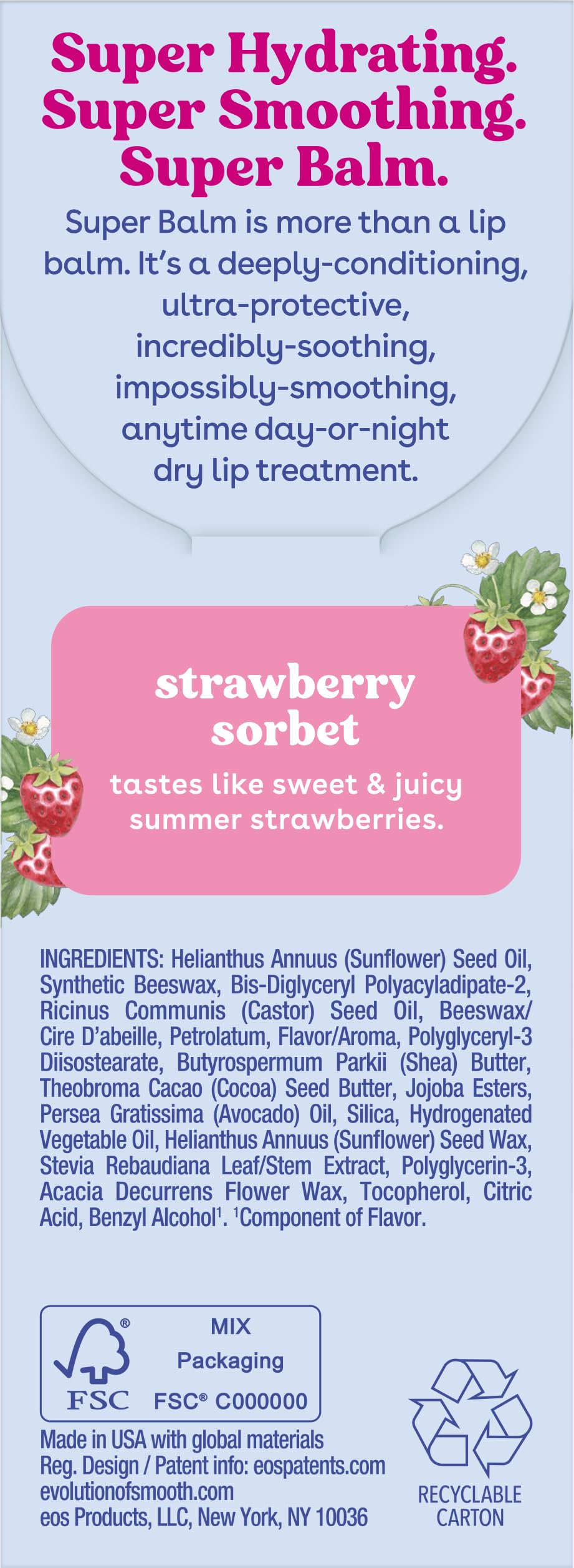 eos 24H Moisture Super Balm- Strawberry Sorbet, Lip Mask, Day or Night Lip Treatment, Made for Sensitive Skin, 0.35 fl oz