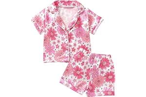Qiylii 1-6Y Toddler Girls Floral Silk Pajamas Short Sleeve Button-Up Top Shorts Summer 2PC Flowers Satin Pajamas Set