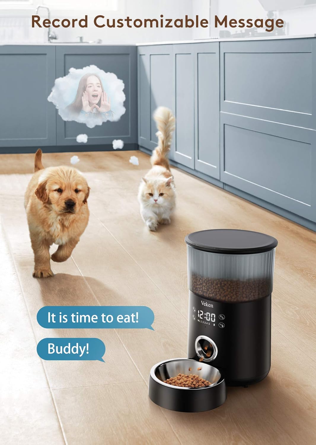 Veken Automatic Cat Feeder, 135oz/4L Dog Feeder Pet Food Dispenser with Programmable Timer, Portion Control 1-5 Meals Per Day, Dual Power Supply & Voice Recorder for Small to Medium Cats Dogs (Black) : Pet Supplies