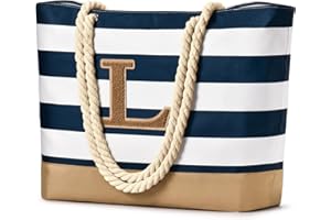 Becokan Initial Beach Bags for Women Waterproof Beach Tote Bag Zipper Travel Essentials Personalized Birthday Gifts for Her
