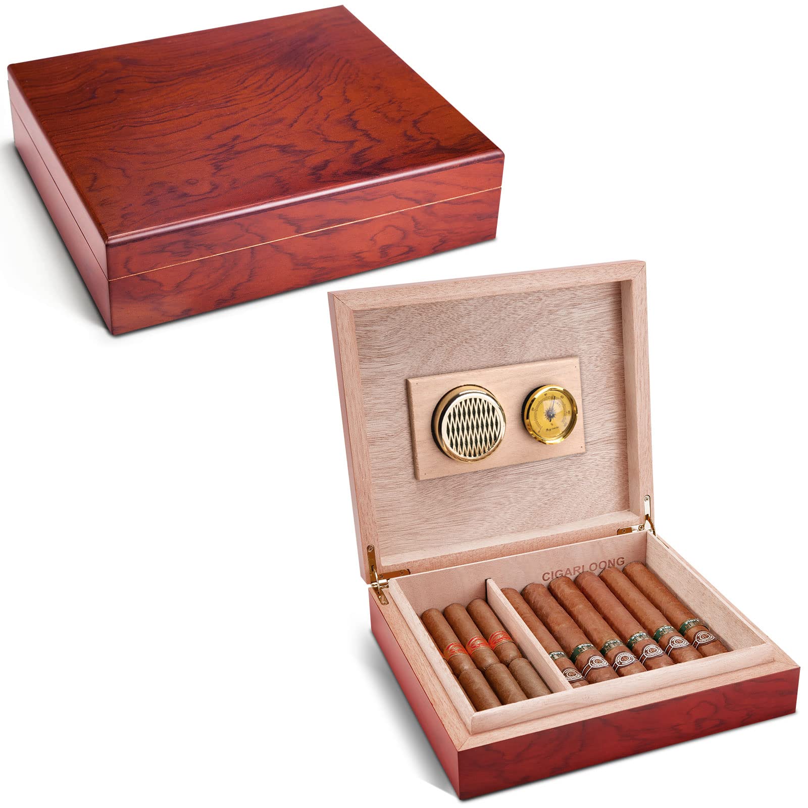CIGARLOONG Cigar Humidor with Hygrometer and Humidifier Travel Cedar Wood Cherry Desktop Box Holds up to 15-20 Cigars