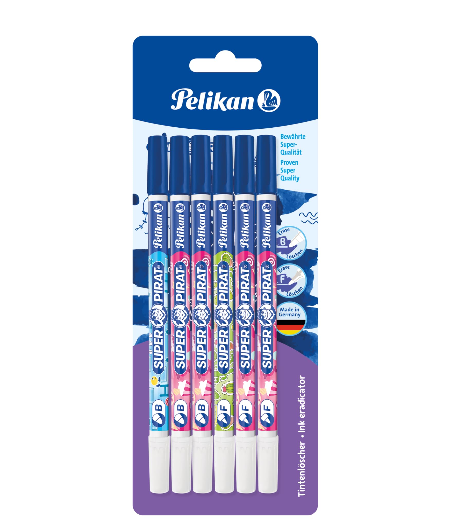 Pelikan Super Pirat, Tintenkiller zum Löschen und Überschreiben, Strichstärken F (fein) + B (breit), 6 Stück