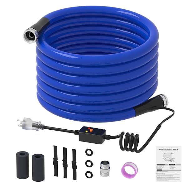 KORVOS 50FT RV HEATED DRINKING WATER HOSE, LEAD-FREE,BPA CLEAN AND SAFE HEATING WATER HOSE, HEATED HOSE WITH INSULATION SPONGE ANTI-FREEZE AND LEAK-PROOF, HEATER GARDEN HOSE SUITABLE FOR RV&CAMPING