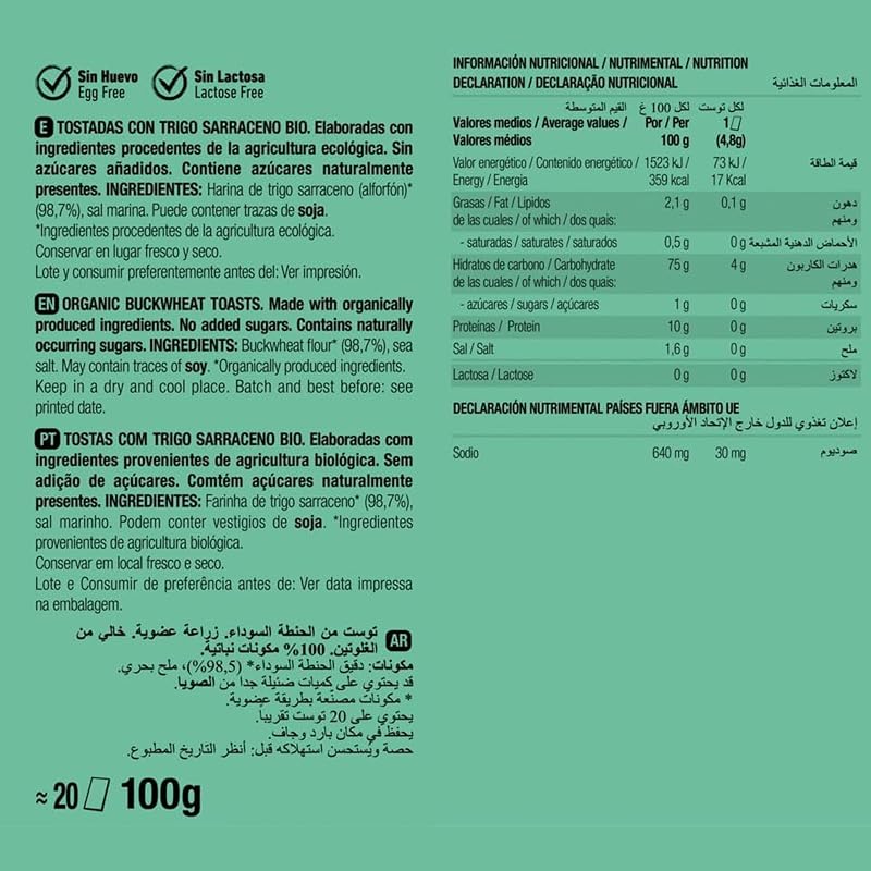 - Tostadas Trigo Sarraceno Bio Sin Gluten - Veganas - 100 g