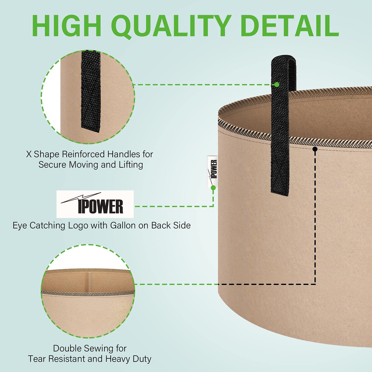 iPower Plant Grow Bag 10-Gallon 5-Pack Heavy Duty Fabric Pots, 300G Thickened Nonwoven Aeration Durable Container, Nylon Strap Handles for Gardening, Planting Tomatoes, Herbs, Flowers, Tan