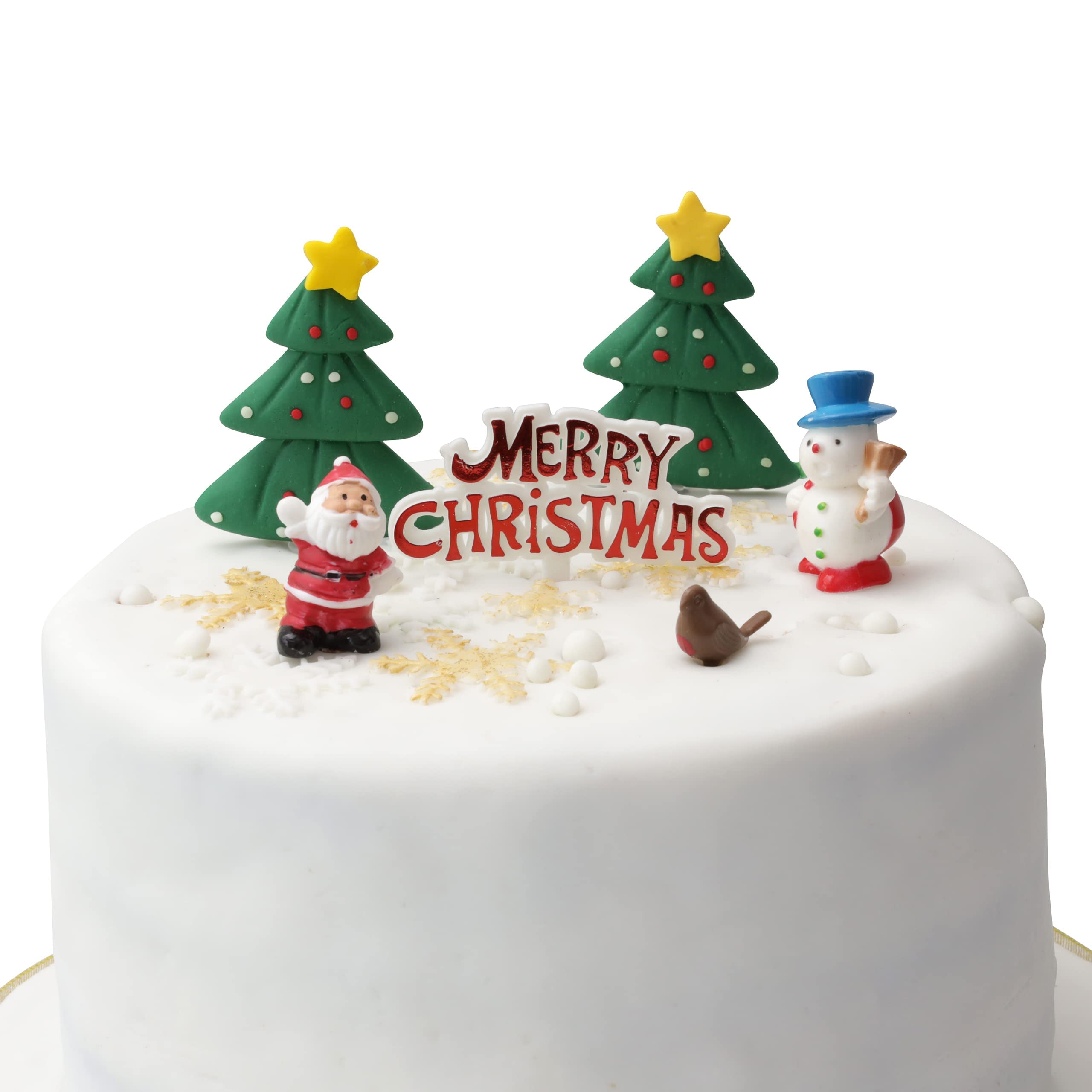 Pack of 6 Christmas Cake Toppers Cupcake Yule Log Decorations Includes Santa Snowman Robin Tree and Merry Christmas Sign Motto — image 1